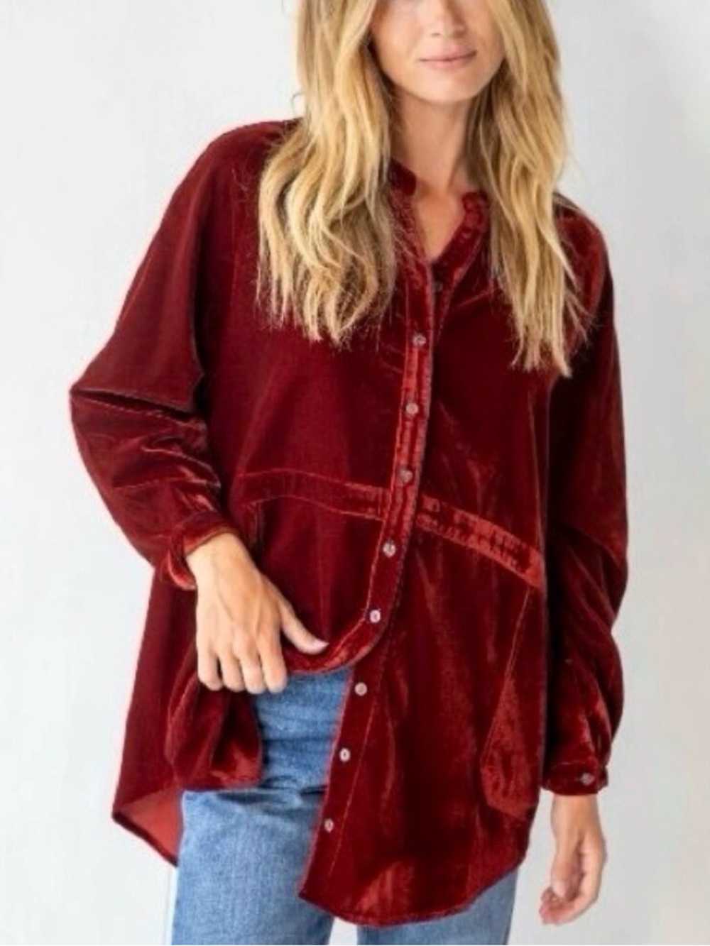 NWT Natural Life Velvet Laid Back Button Up Long Sleeve Shirt Tunic Rust / Large